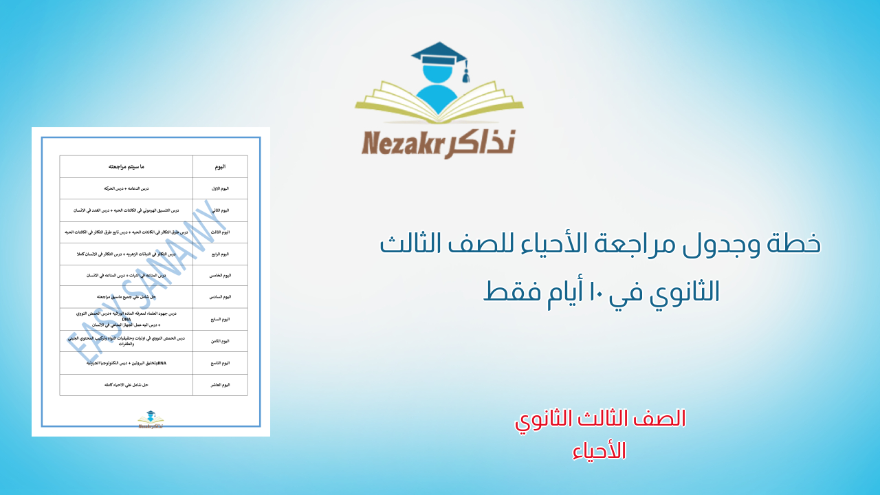 خطة وجدول مراجعة الأحياء للصف الثالث الثانوي في 10 أيام فقط