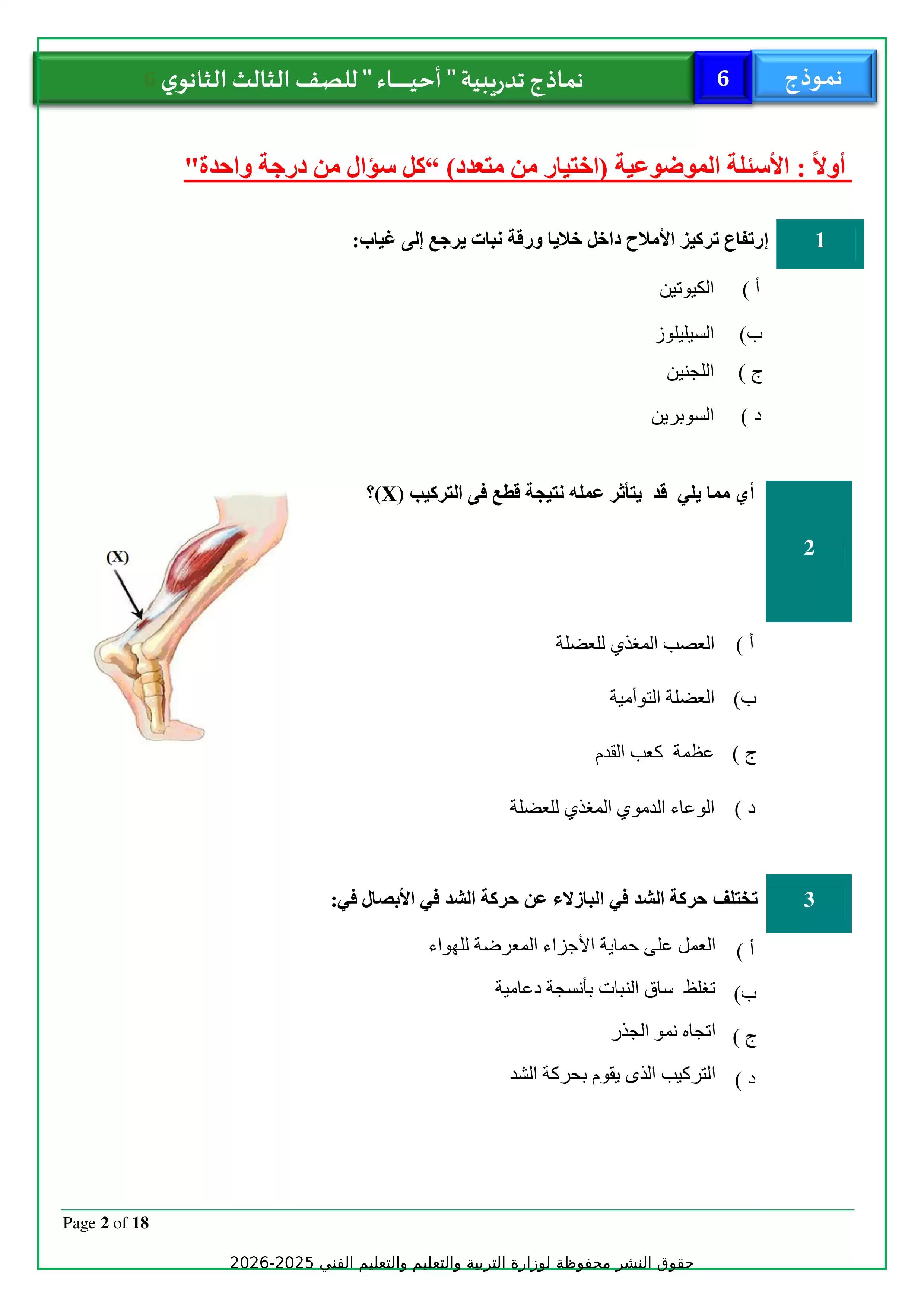 صفحة 2 من تحميل الامتحان التجريبي السادس أحياء للثانوية العامة 2026 PDF من نماذج وزارة التربية والتعليم
