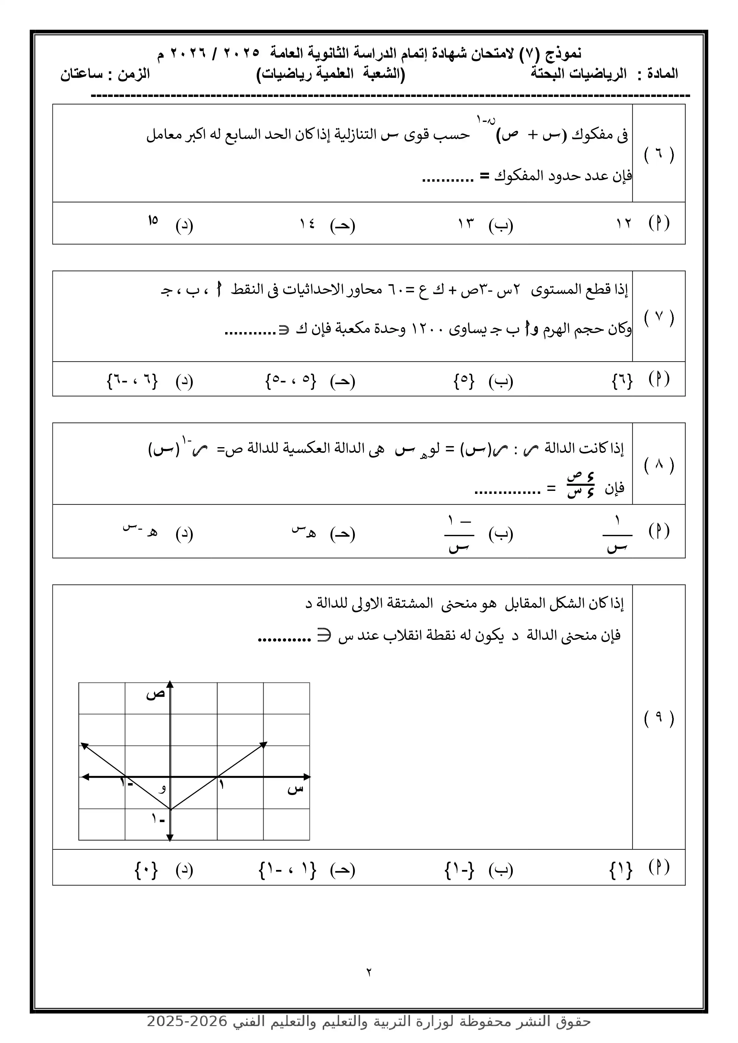 صفحة 2 من النموذج الاسترشادي السابع رياضيات بحتة للصف الثالث الثانوي 2026 PDF