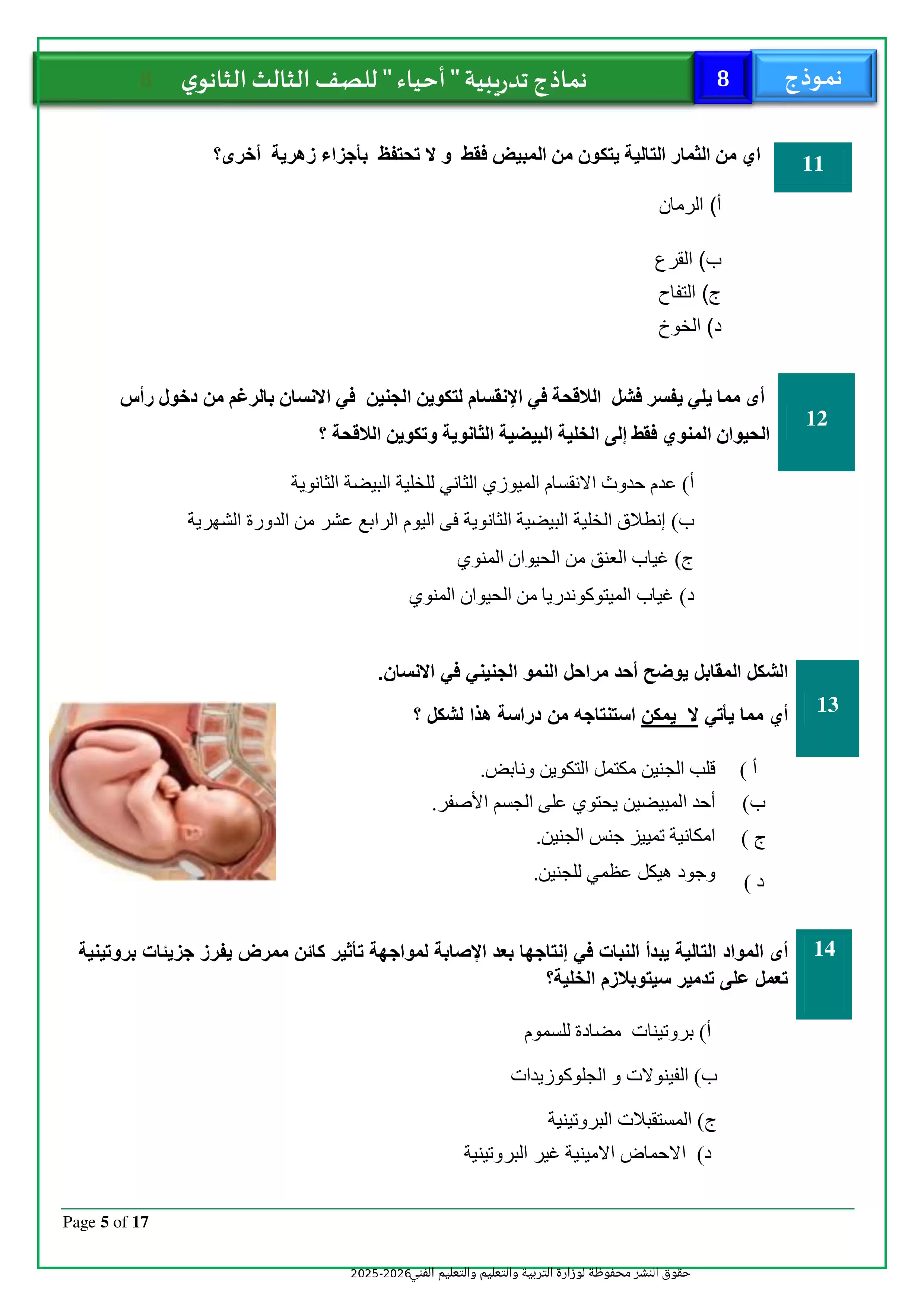 صفحة 5 من تحميل امتحان الأحياء التجريبي الثامن للثانوية العامة 2026 من نماذج وزارة التعليم PDF