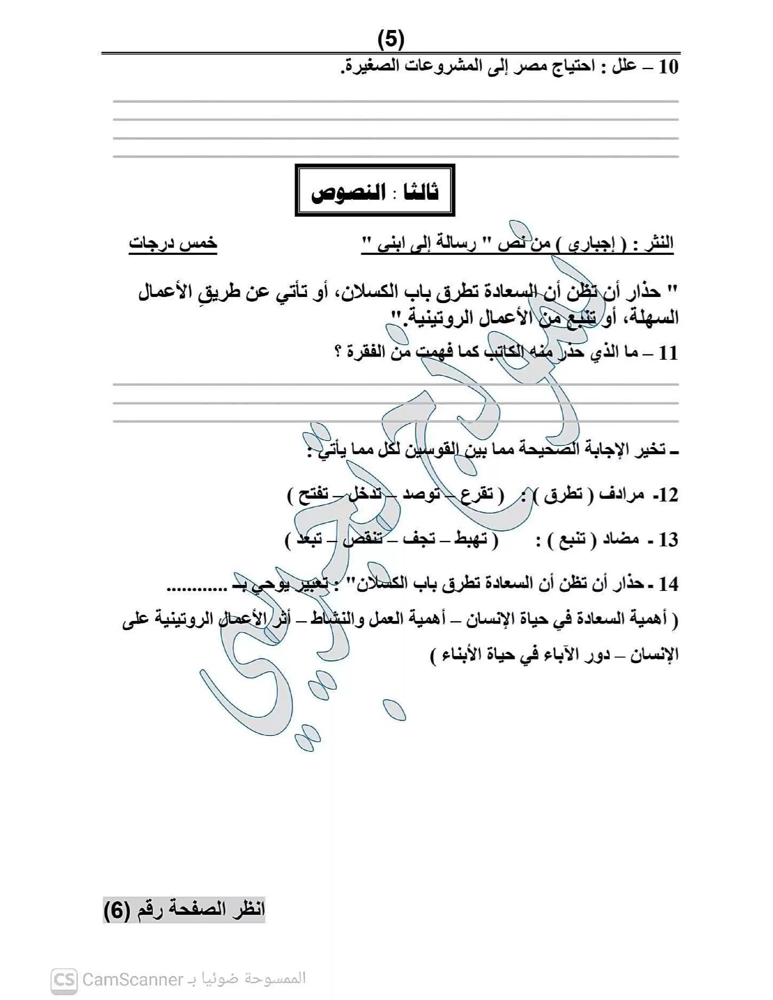 صفحة 5 من امتحان عربي تجريبي تالتة إعدادي 2026 الترم الثاني مستر أحمد صالح PDF