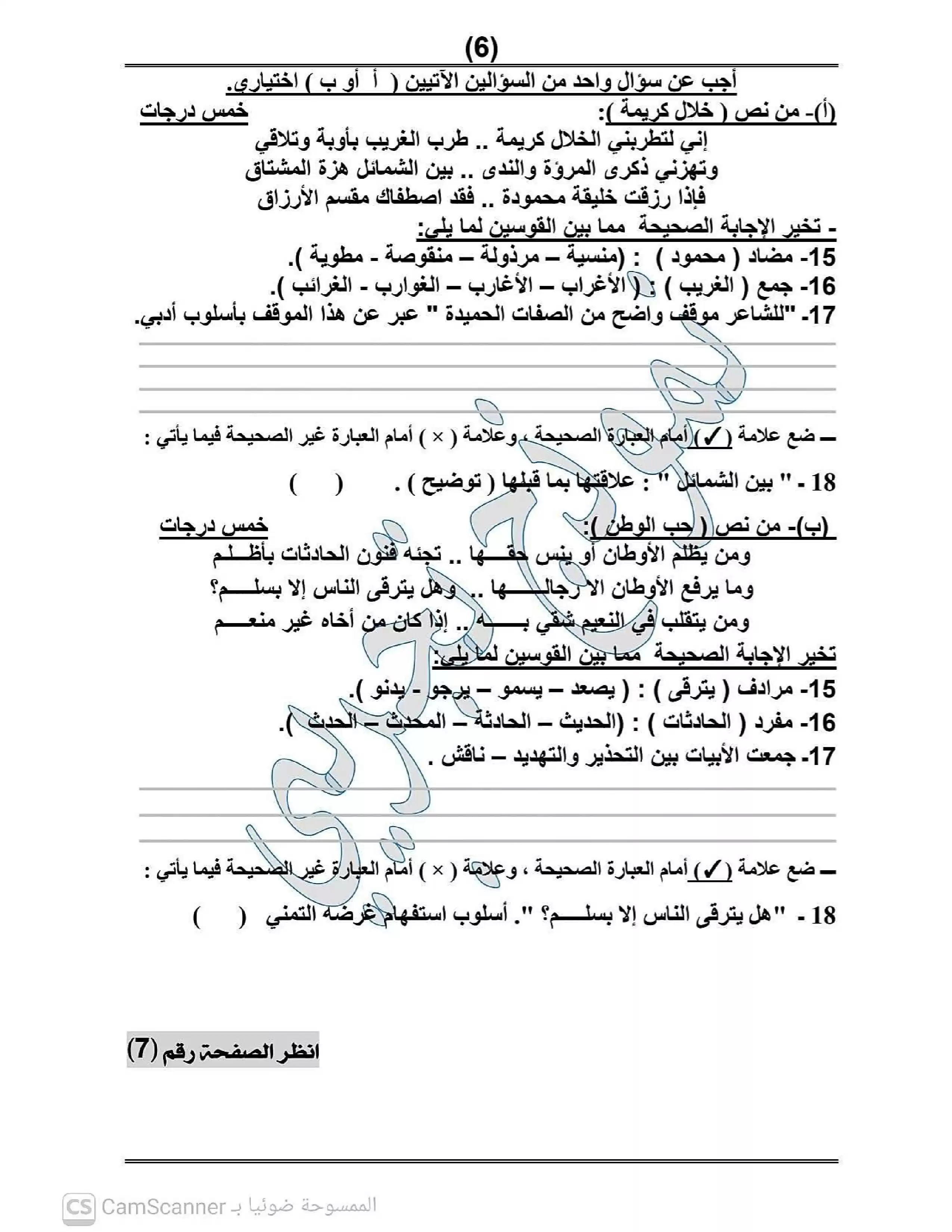 صفحة 6 من امتحان عربي تجريبي تالتة إعدادي 2026 الترم الثاني مستر أحمد صالح PDF