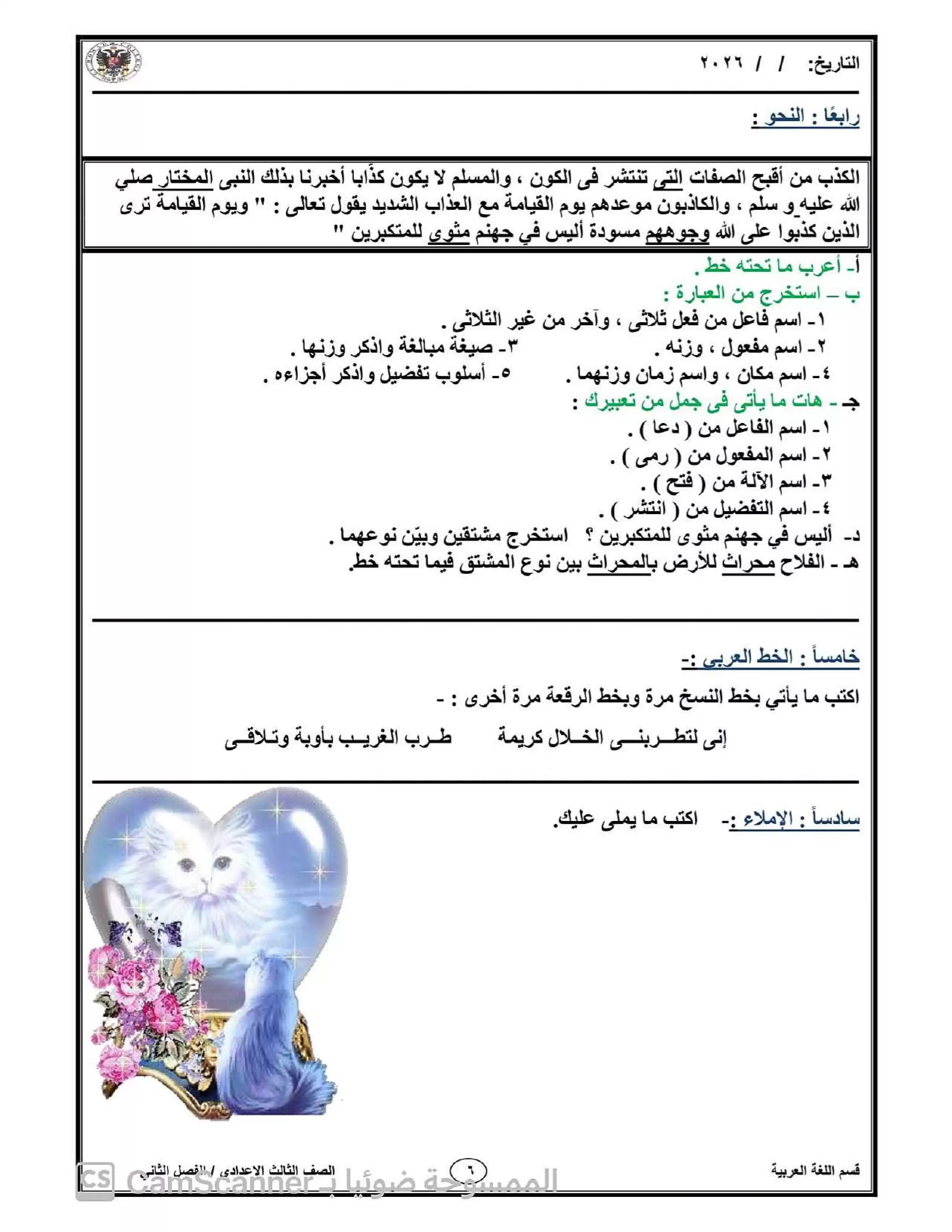 صفحة 6 من خمسة امتحانات لغة عربية للصف الثالث الإعدادي 2026 ترم ثاني مع نموذج الإجابة من مدارس الرواد للغات
