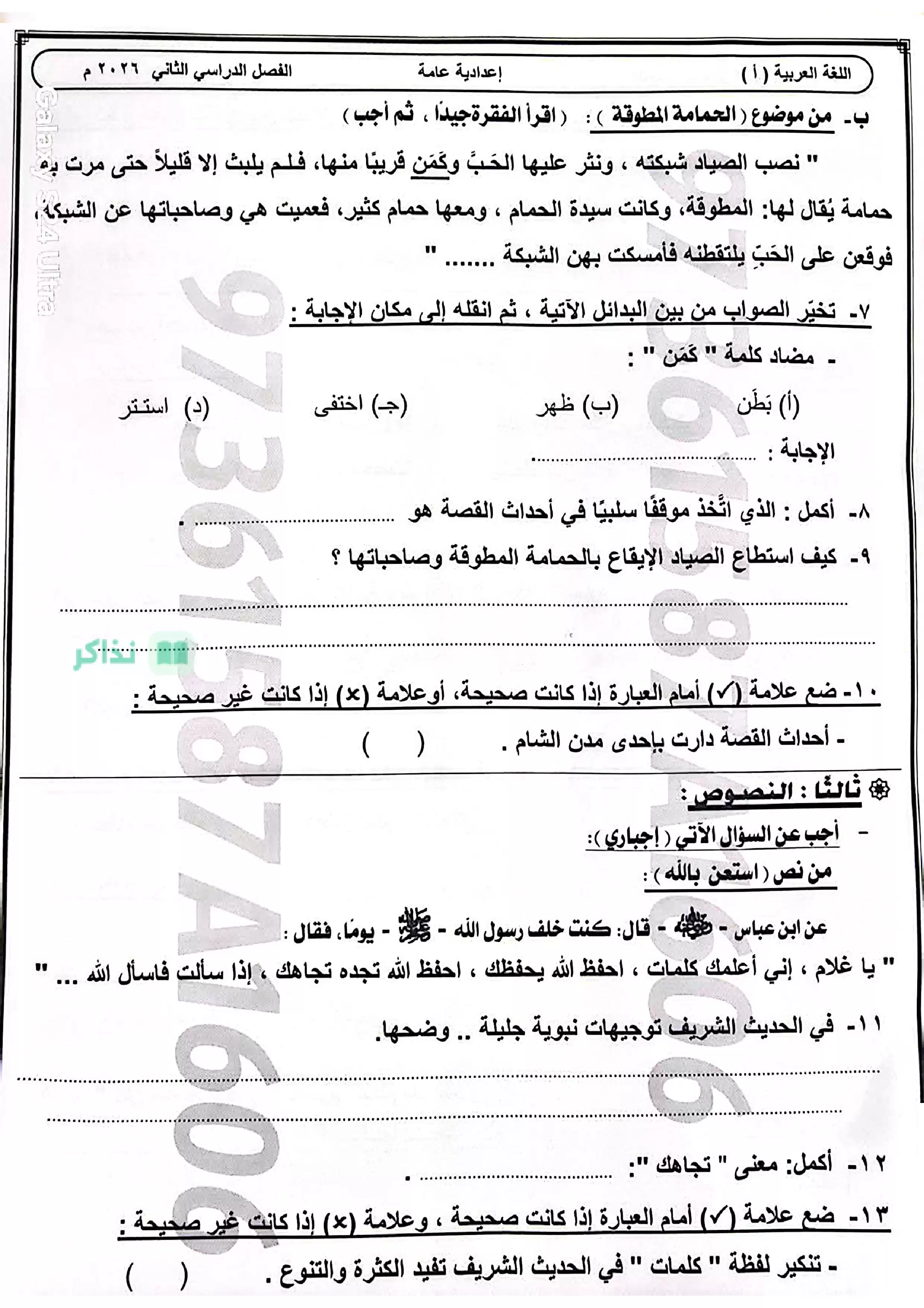 صفحة 3 من امتحان اللغة العربية محافظة أسوان للشهادة الإعدادية ترم ثاني 2026 PDF