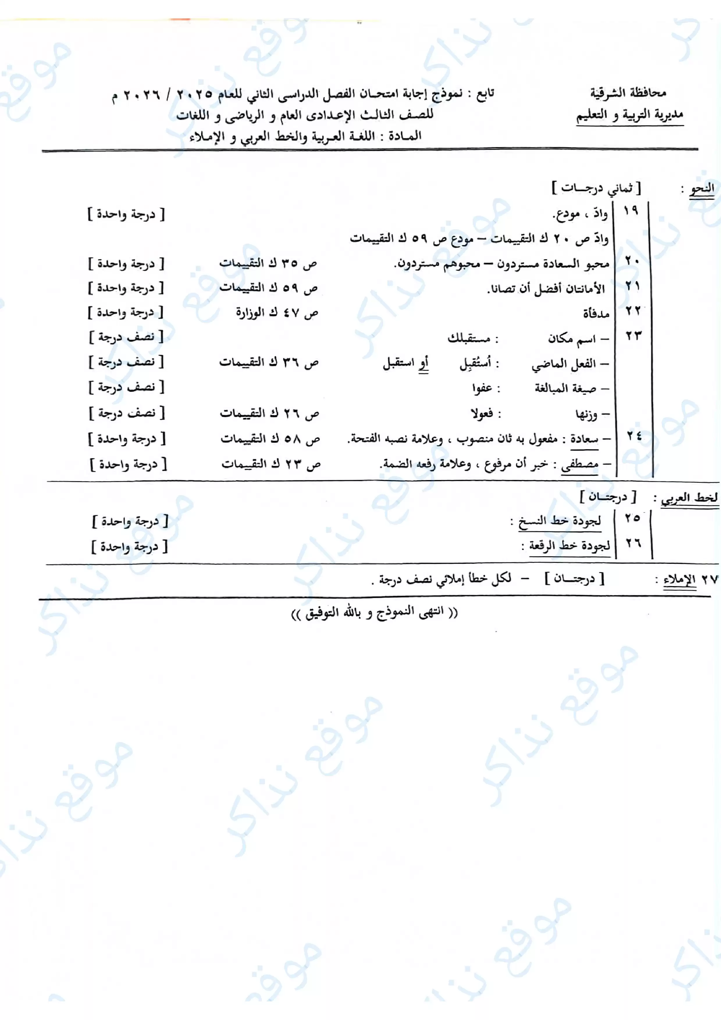 صفحة 3 من نموذج الإجابة الرسمي لامتحان اللغة العربية محافظة الشرقية للصف الثالث الإعدادي الترم الثاني 2026 PDF