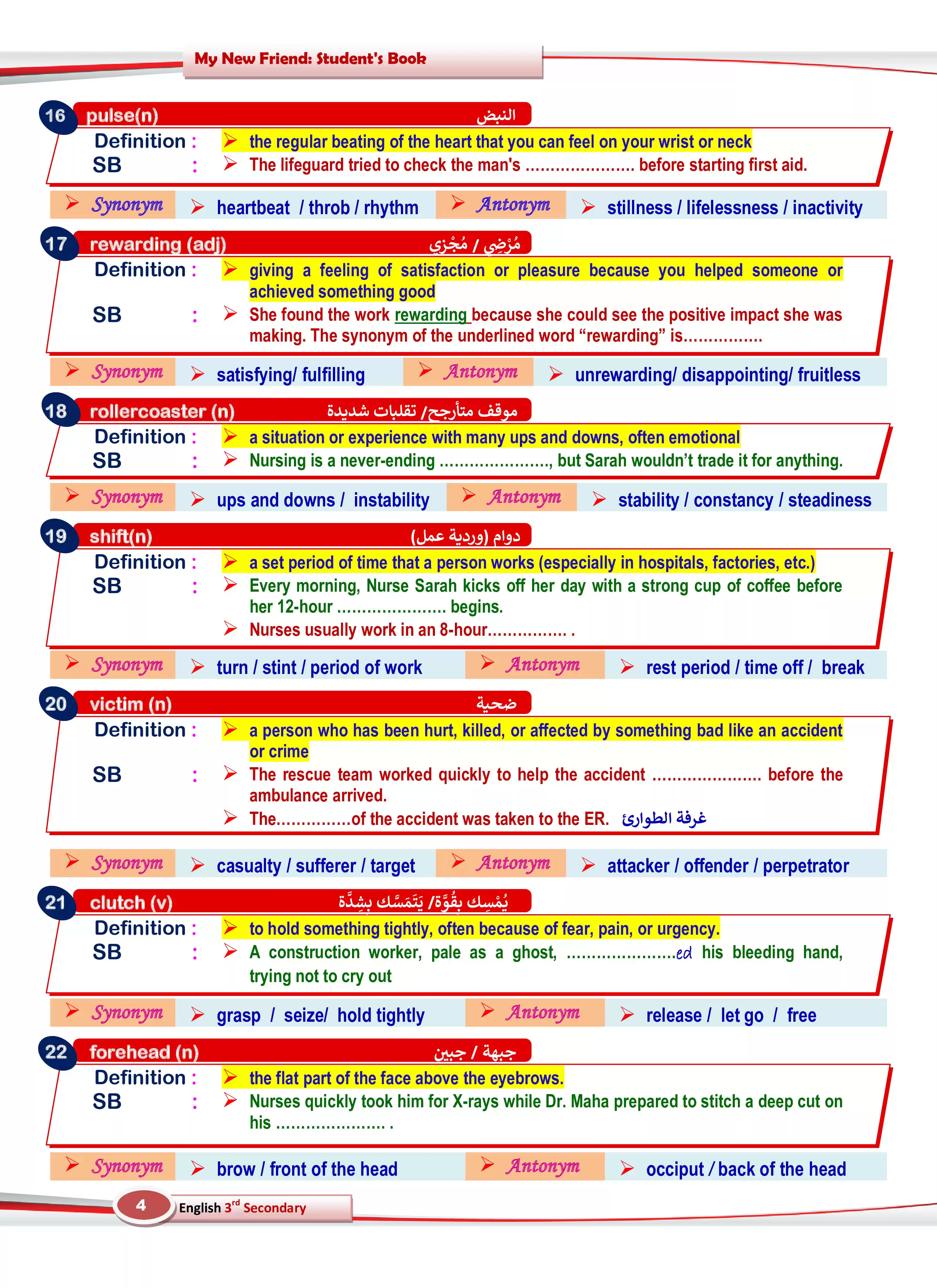 صفحة 4 من كلمات المنهج الهامة للصف الثالث الثانوي 2026 PDF من كتاب My New Friend مع التعريفات والمرادفات والمتلازمات