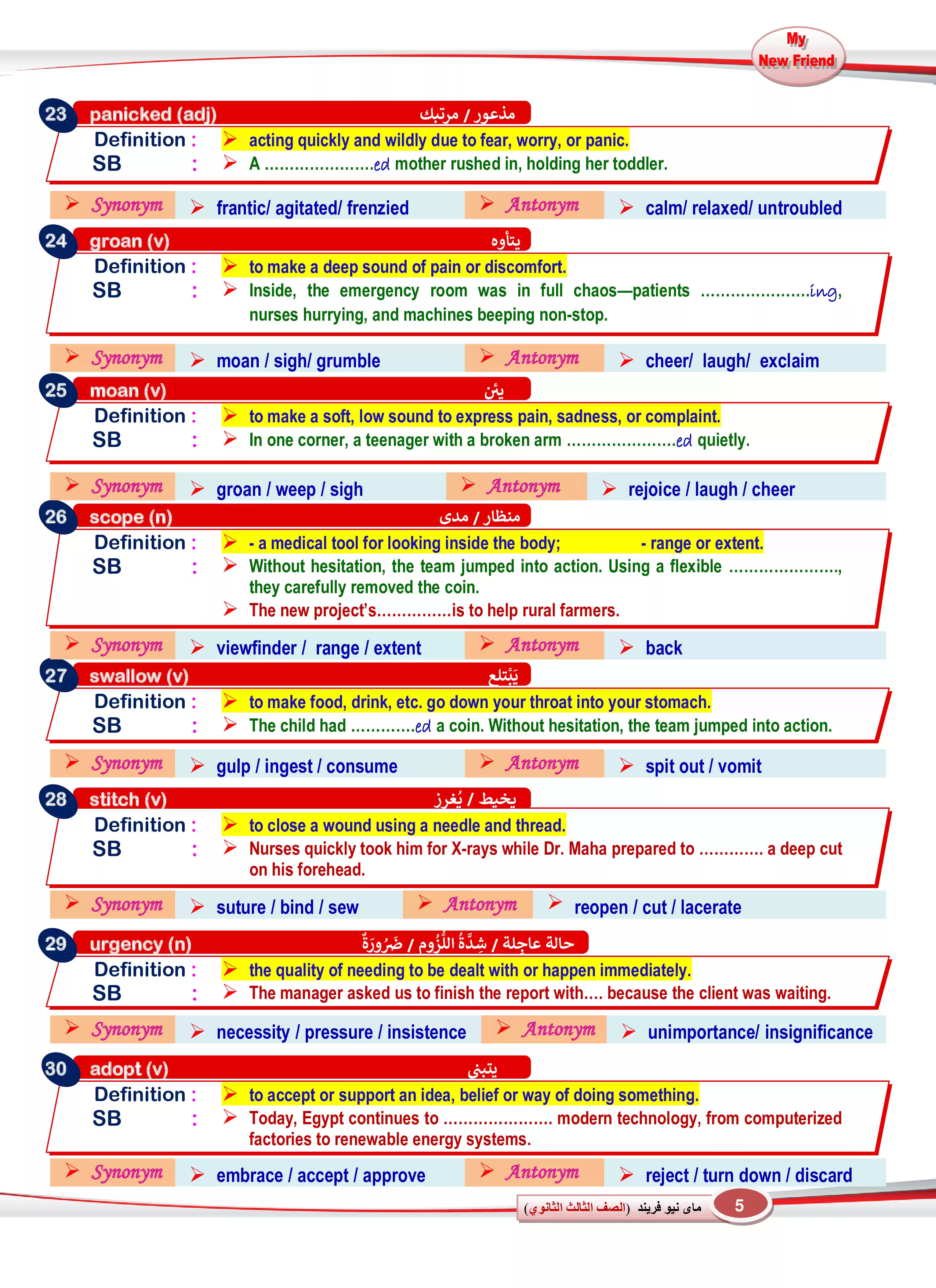 صفحة 5 من كلمات المنهج الهامة للصف الثالث الثانوي 2026 PDF من كتاب My New Friend مع التعريفات والمرادفات والمتلازمات