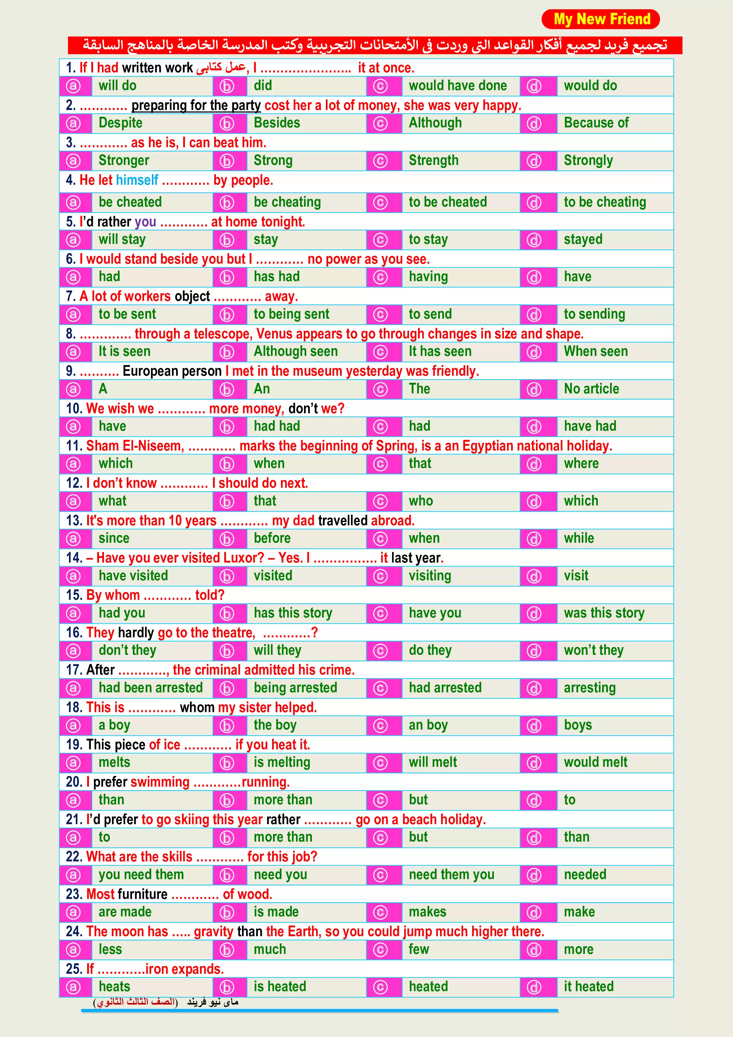 خمس صفحات من ذهب في قواعد اللغة الإنجليزية للثانوية العامة 2026 PDF من كتاب My New Friend