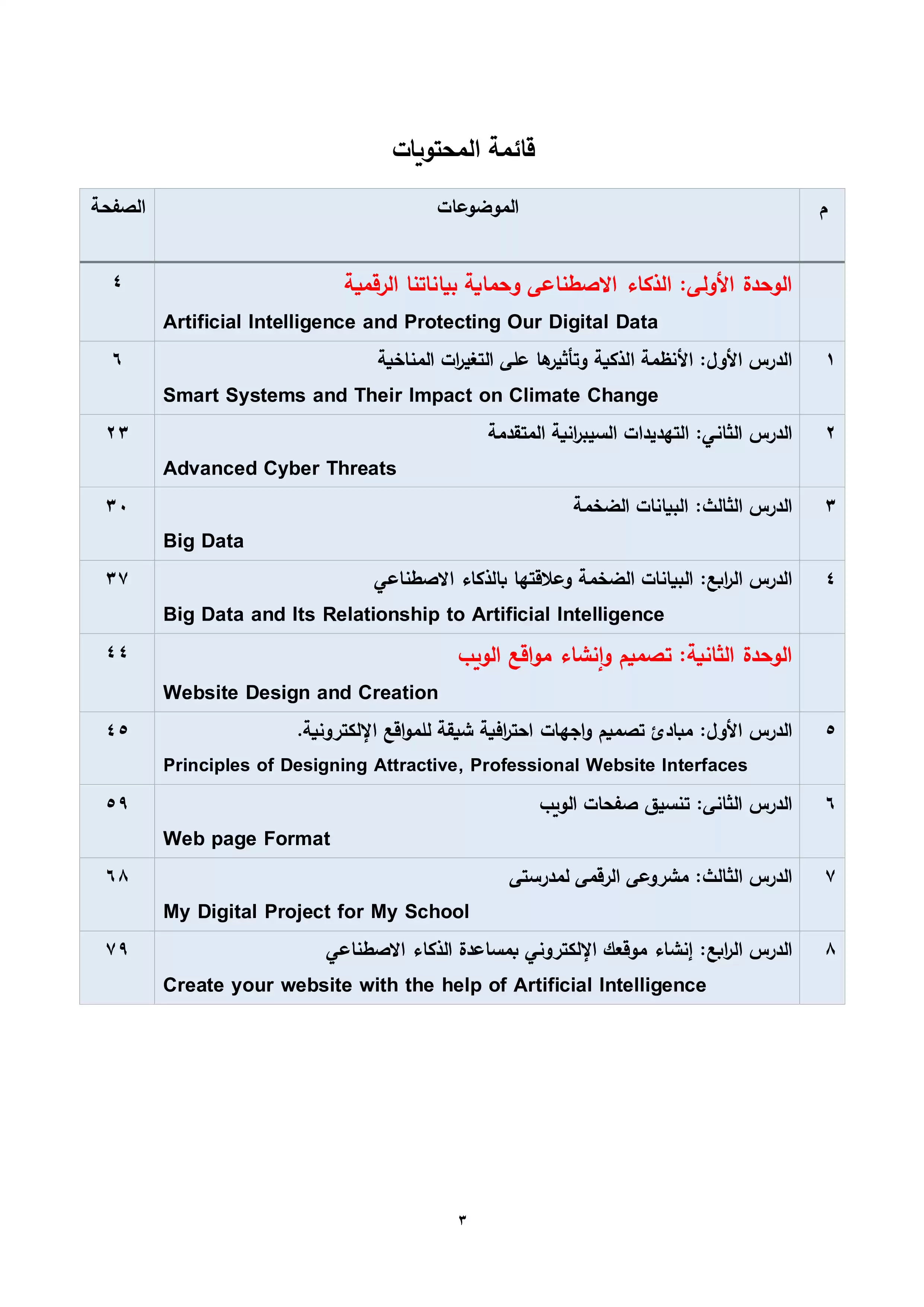 صفحة 3 من كتاب الكمبيوتر وتكنولوجيا المعلومات للصف الثاني الإعدادي الترم الأول 2027 PDF | الذكاء الاصطناعي والأمن السيبراني وتصميم المواقع