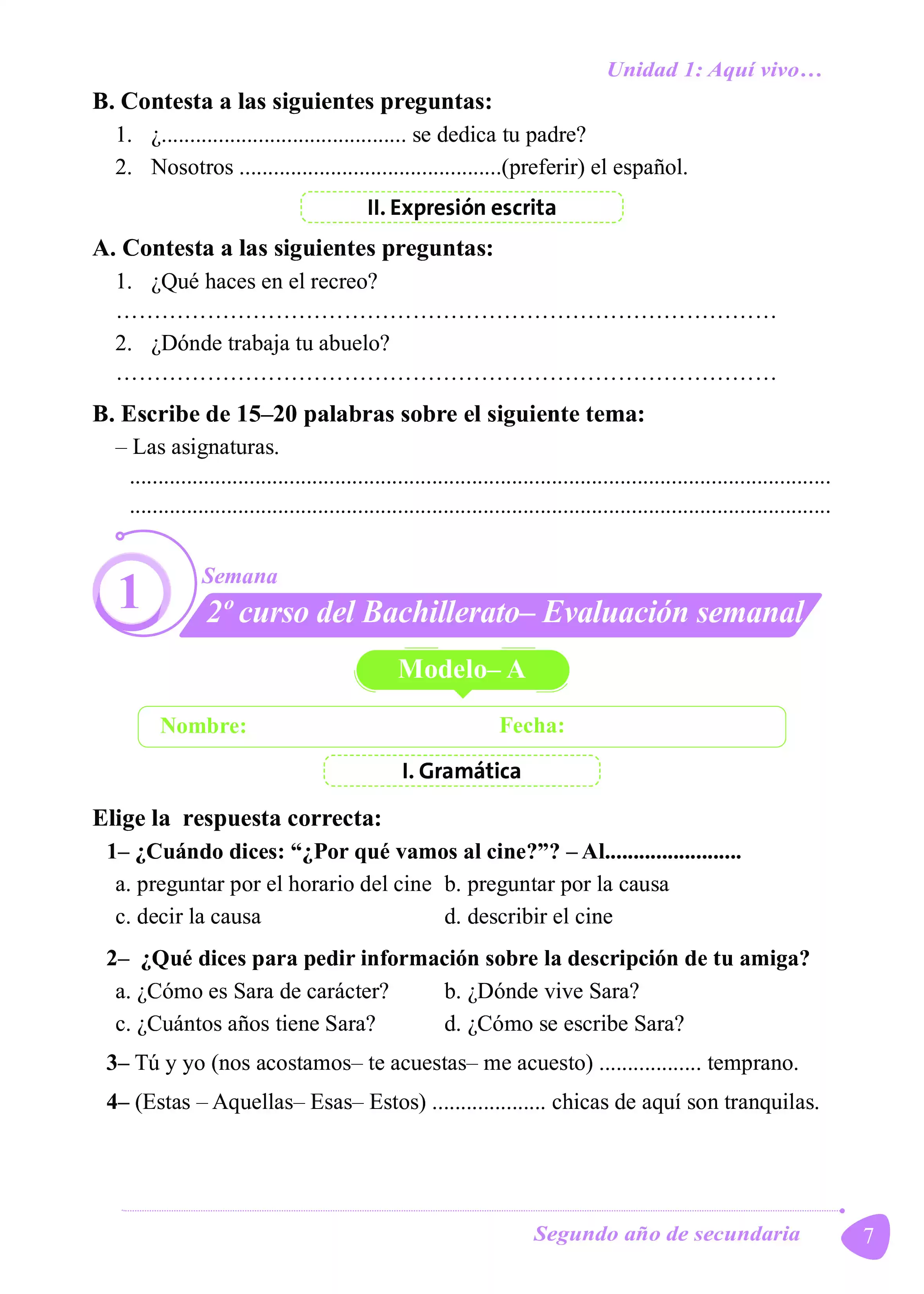 صفحة 6 من كتاب الأداءات والتقييمات في اللغة الإسبانية للصف الثاني الثانوي البكالوريا المصرية 2027 PDF | الترم الأول مسار الآداب والفنون