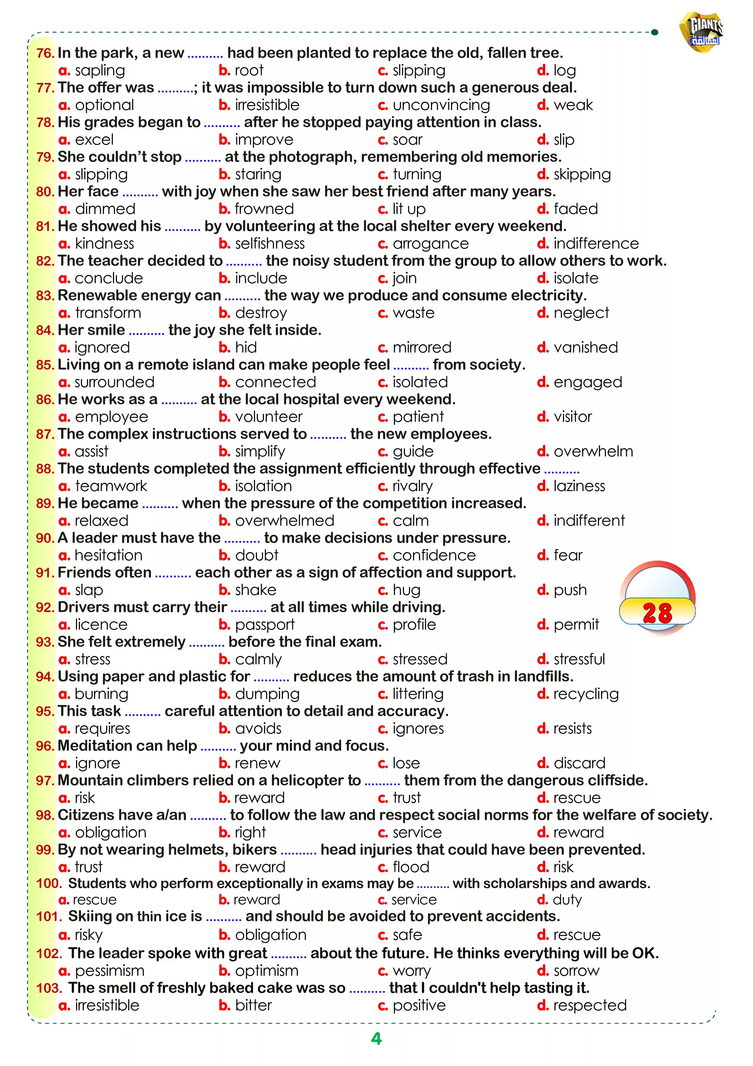 صفحة 4 من امتحان إنجليزي على الوحدة الأولى والثانية للصف الأول الثانوي 2027 من فريق العمالقة PDF بالإجابات | 247 سؤالًا
