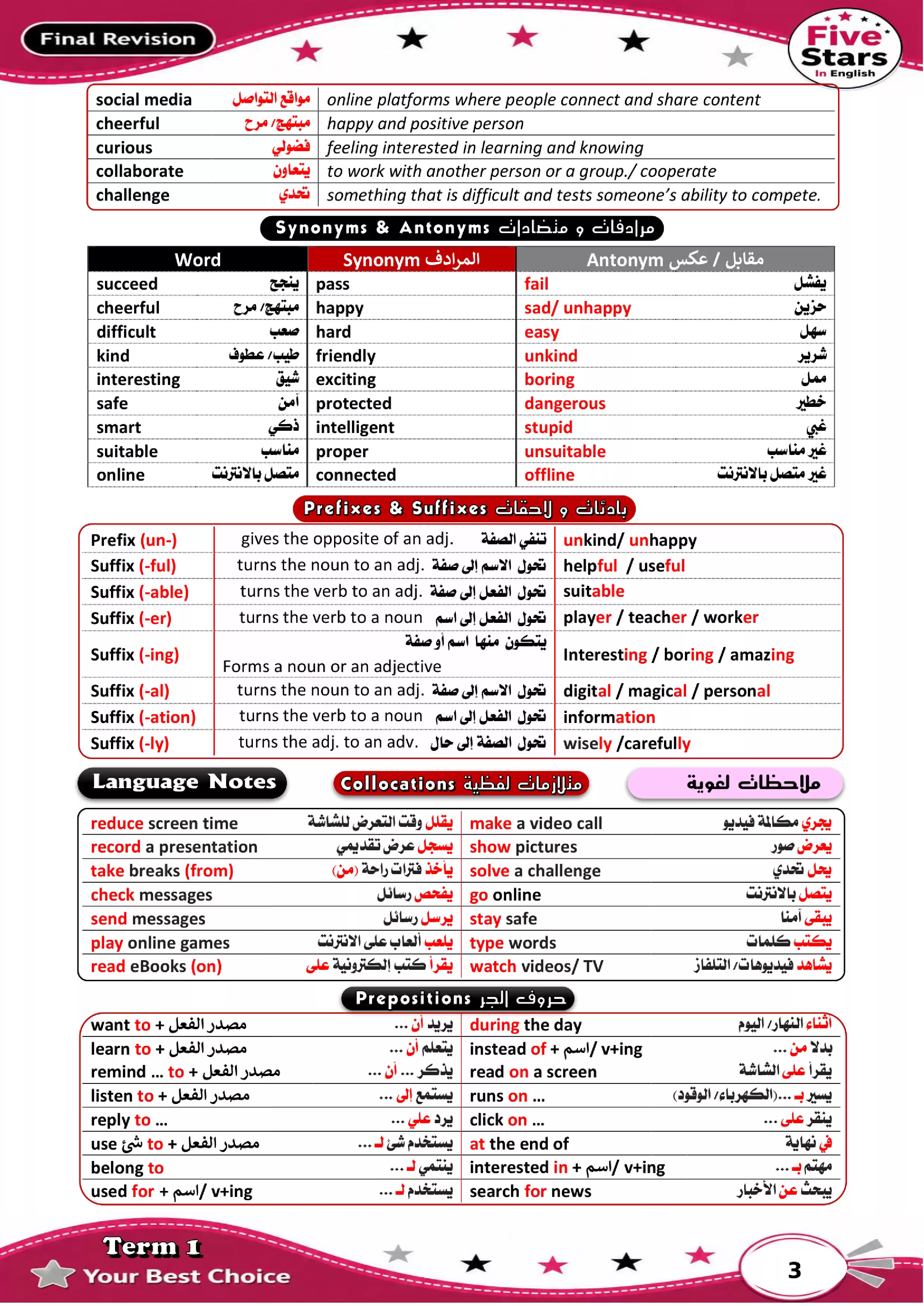 صفحة 3 من مراجعة أكتوبر إنجليزي أولى إعدادي 2027 بالإجابات من فايف ستارز PDF