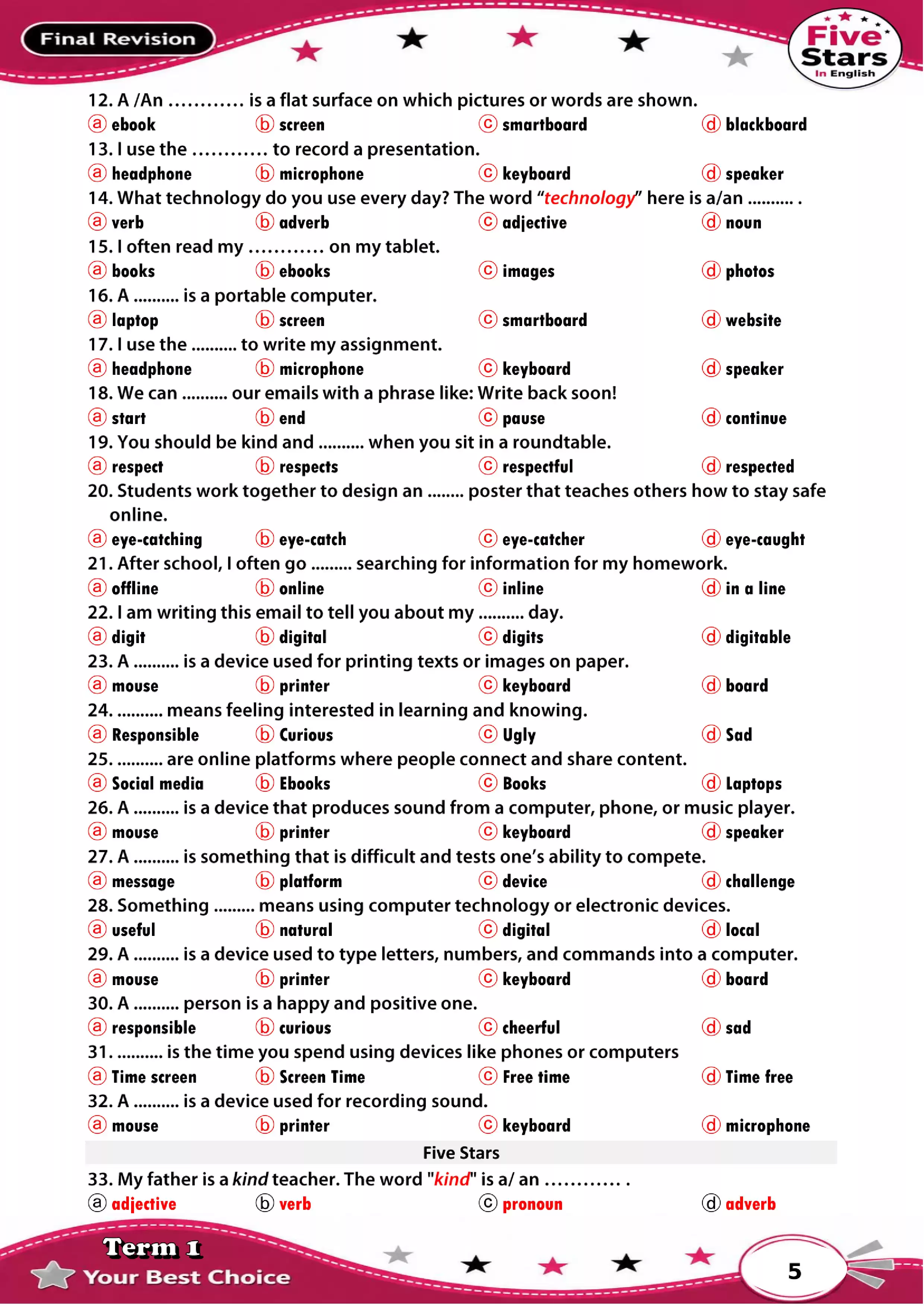 صفحة 5 من مراجعة أكتوبر إنجليزي أولى إعدادي 2027 بالإجابات من فايف ستارز PDF