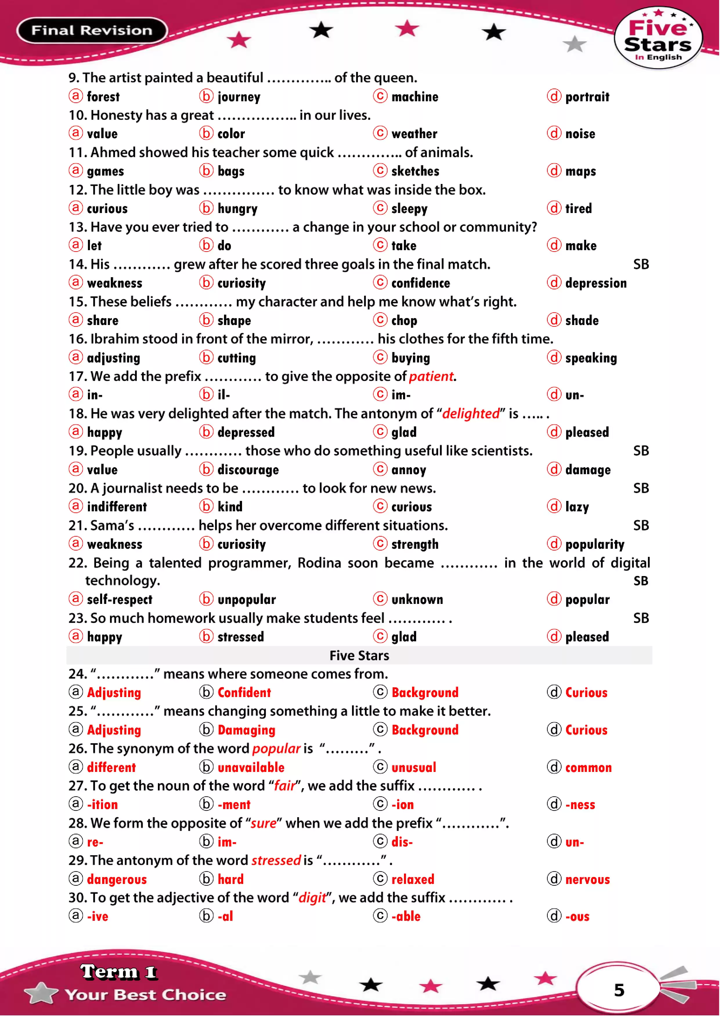 صفحة 5 من مراجعة أكتوبر إنجليزي ثالثة إعدادي 2027 بالإجابات من فايف ستارز PDF