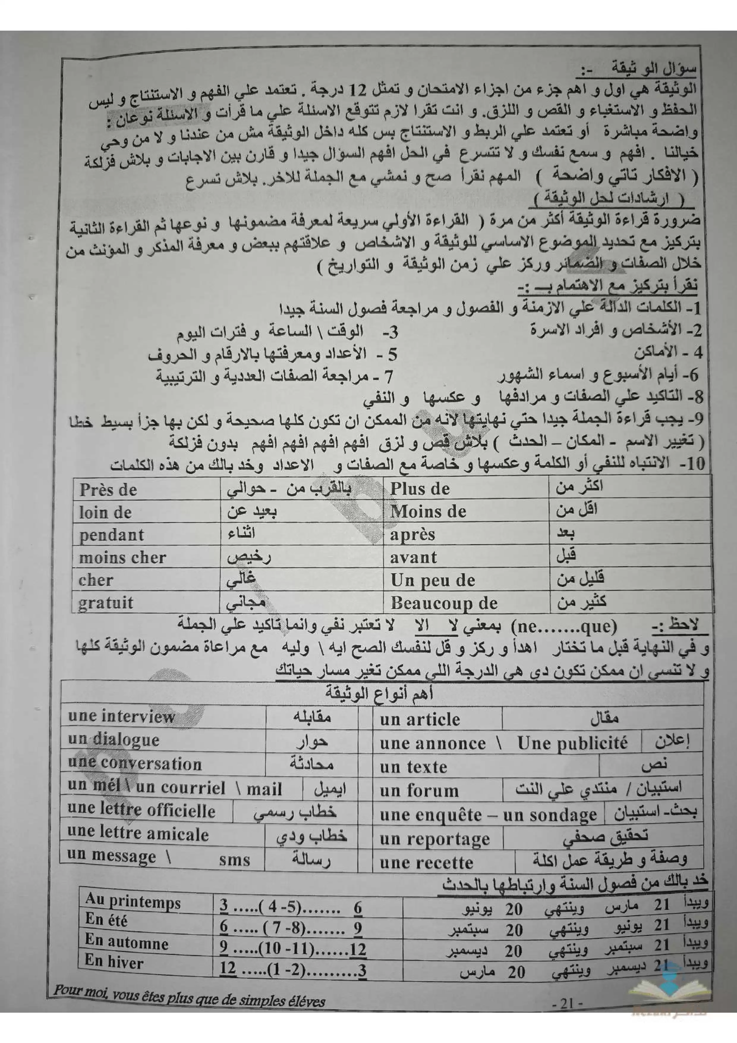 ارشادات وقواعد حل سؤال الوثيقة في اللغة الفرنسية للصف الثالث الثانوي