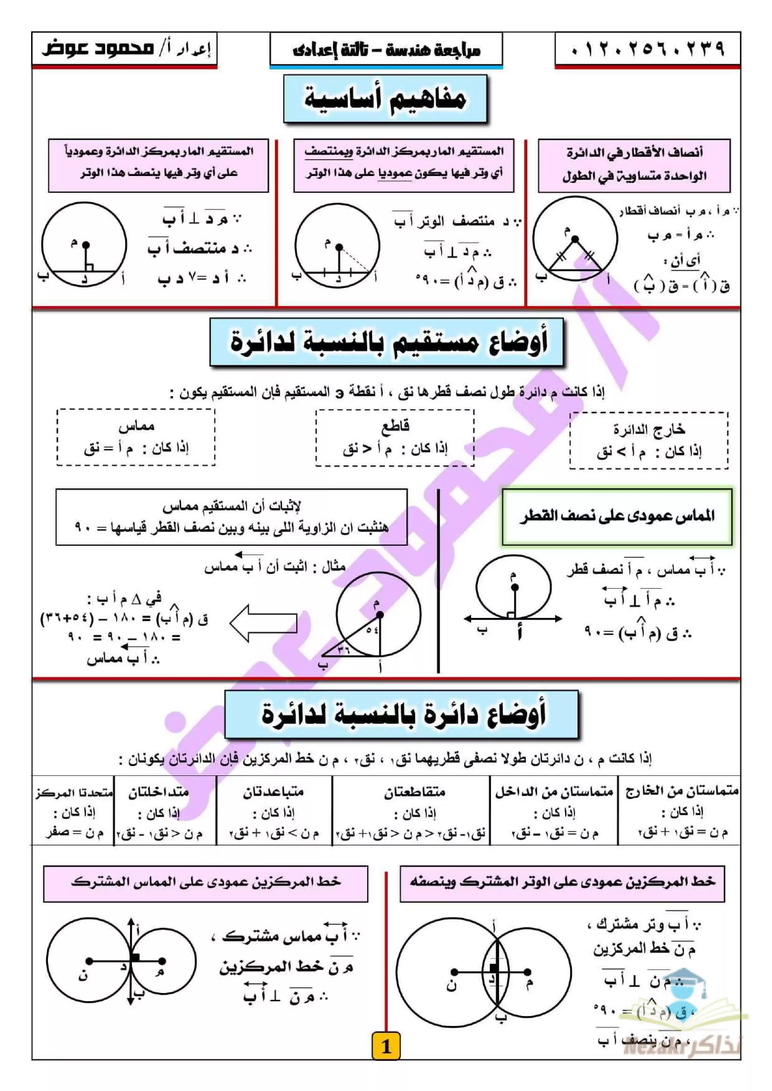 مراجعة هندسة للصف الثالث الاعدادي الترم الثاني PDF من مصادر متعددة