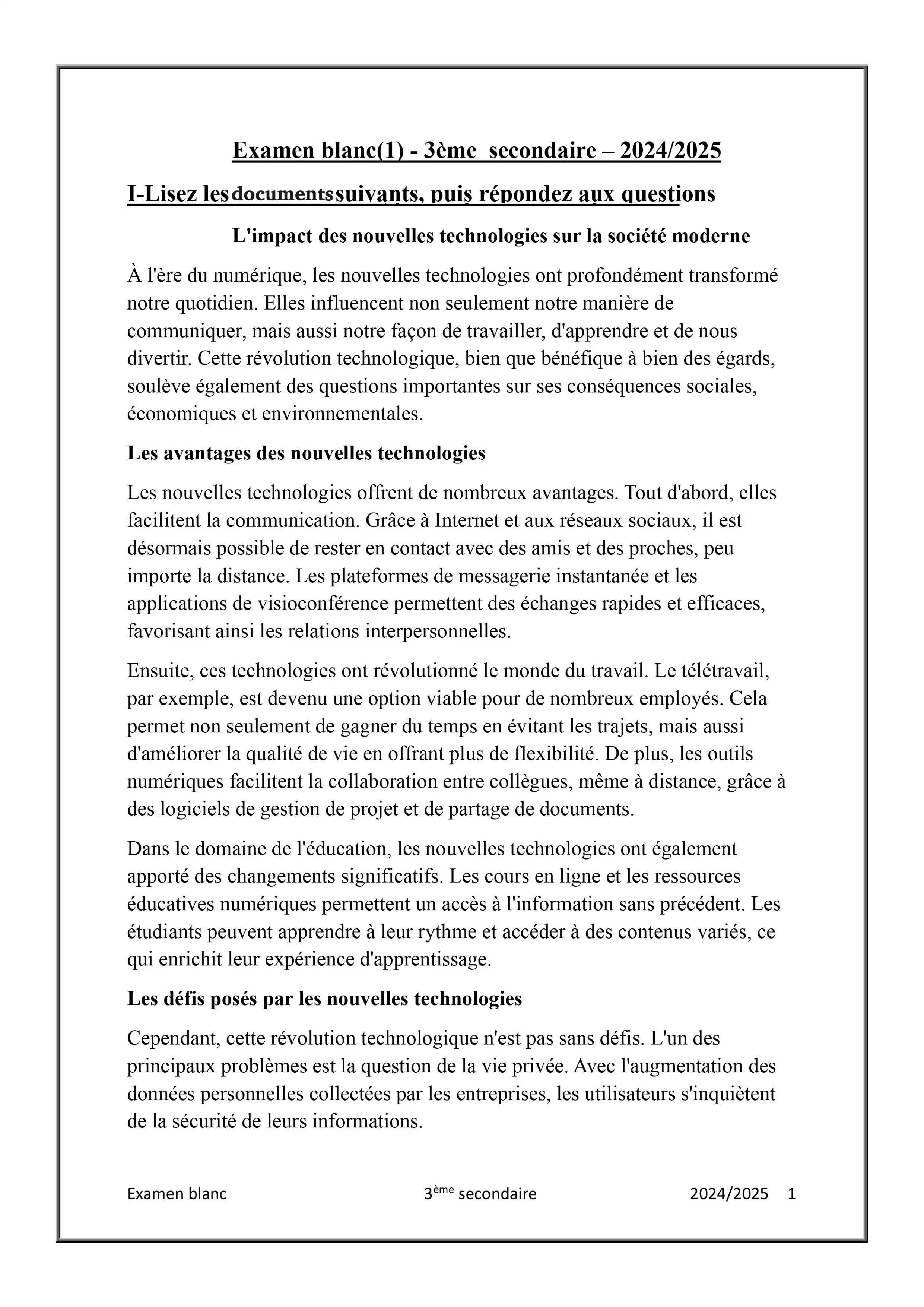 نماذج الوزارة الاسترشادية في اللغة الفرنسية للصف الثالث الثانوي فبراير 2025 بصيغة PDF